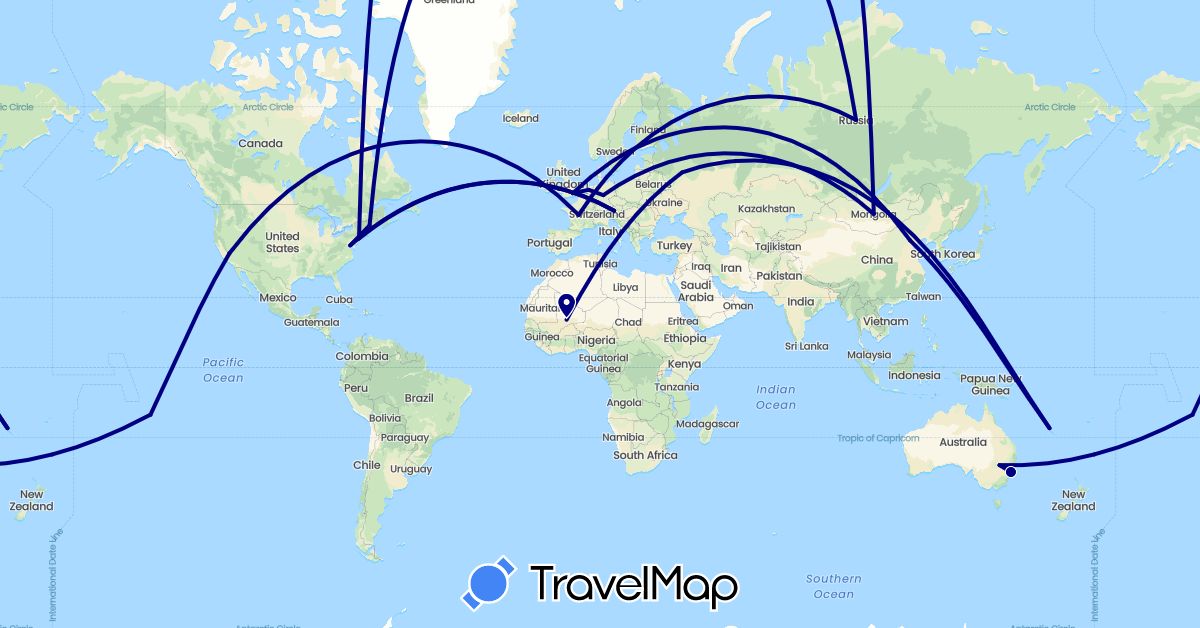 TravelMap itinerary: driving in Austria, Australia, China, Germany, France, United Kingdom, Mali, Mongolia, Netherlands, Russia, United States (Africa, Asia, Europe, North America, Oceania)